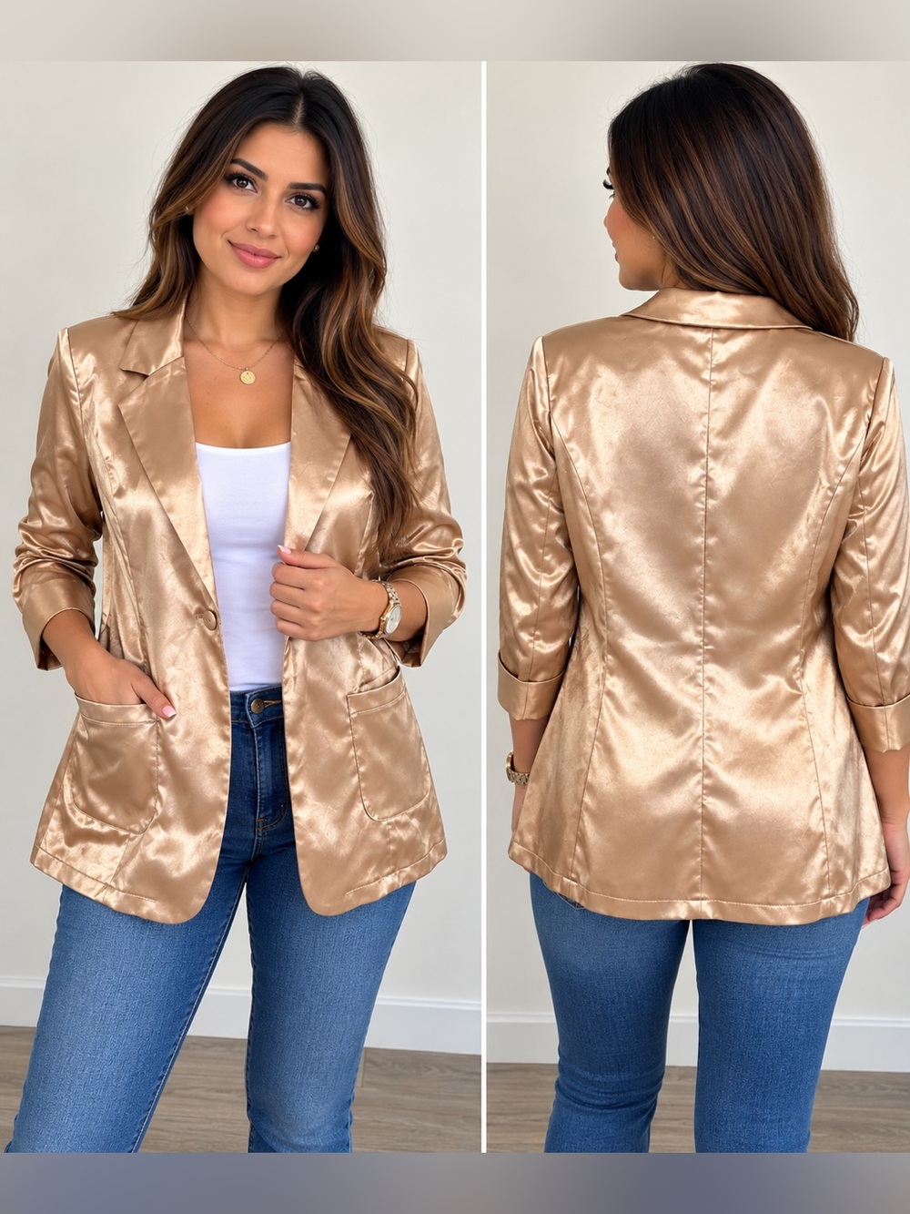 Women’s Champagne Gold Satin Blazer Jacket – Chic & Elegant